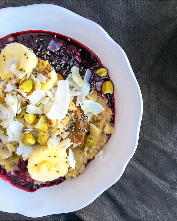 Breakfast Bulgur with Blueberry Sauce