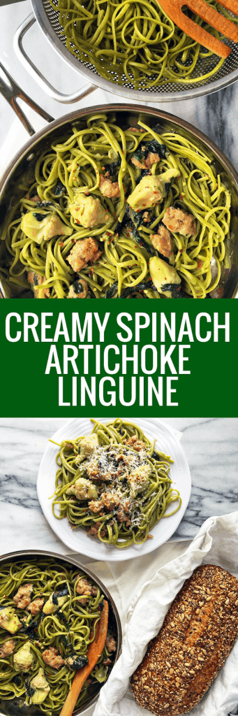 Creamy Spinach Linguine with Artichokes and Chicken Sausage