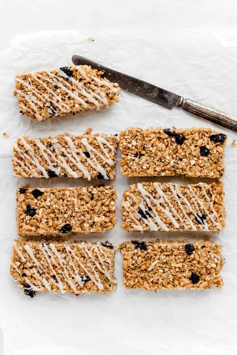 The Best Chewy Blueberry Granola Bars with Greek Yogurt Drizzle