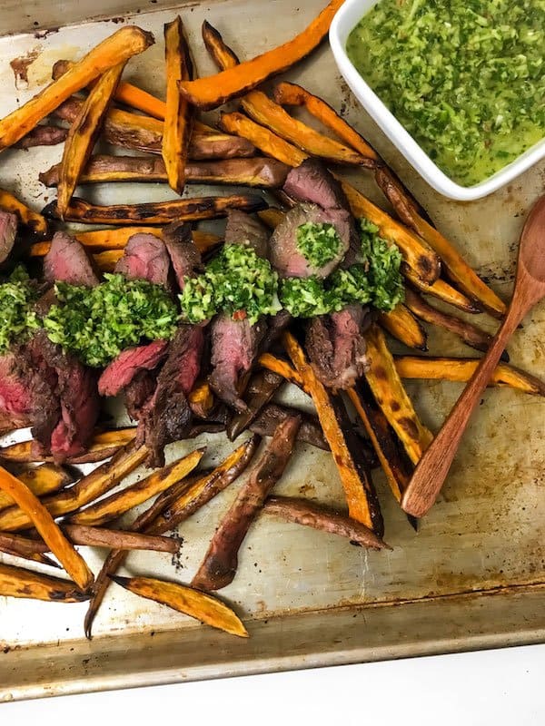 Grilled Steak with Sweet Potato Fries and Chimichurri