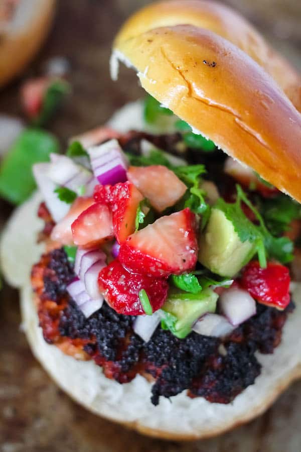 Healthy Blackened Salmon Burgers with Strawberry Avocado Salsa