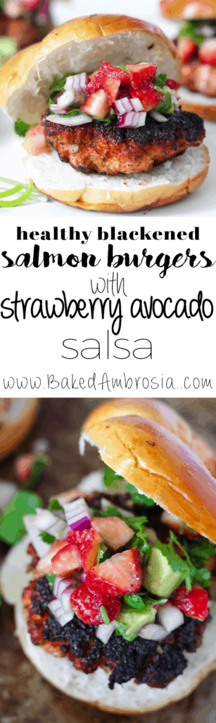 Healthy Blackened Salmon Burgers with Strawberry Avocado Salsa