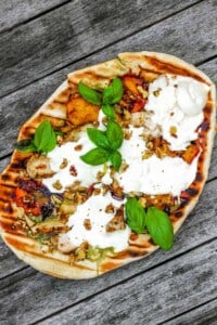 Grilled Pesto Chicken Peach Burrata Walnut Flatbread Dorot