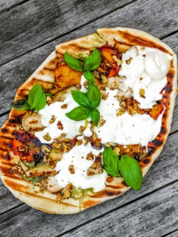 Grilled Pesto Chicken Peach Burrata Walnut Flatbread Dorot