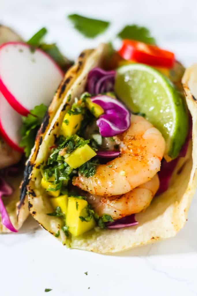 Grilled Shrimp Tacos with Mango Chimichurri (Gluten Free)