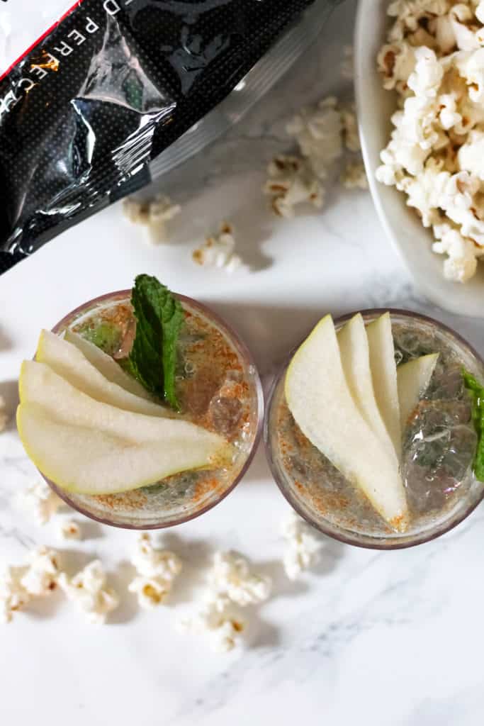 Autumn Honey Cinnamon Pear Mojito with Sea Salt and Pepper SkinnyPop Popcorn