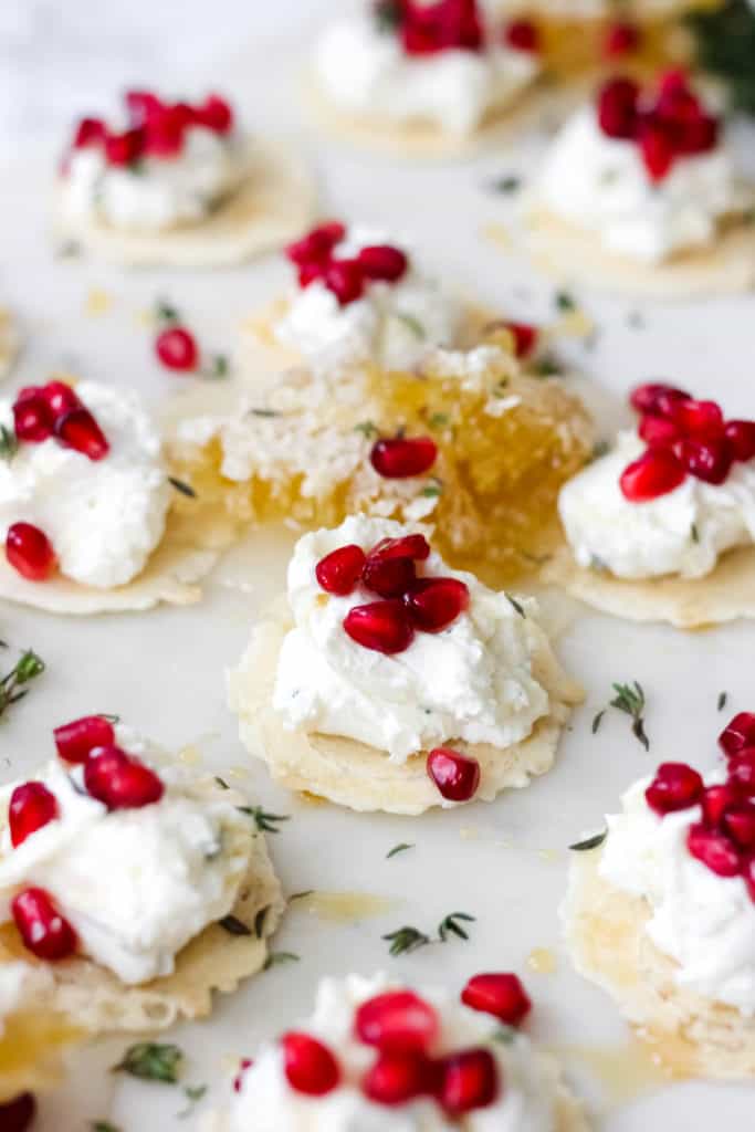 Honey Thyme Whipped Goat Cheese Bites with Pomegranate