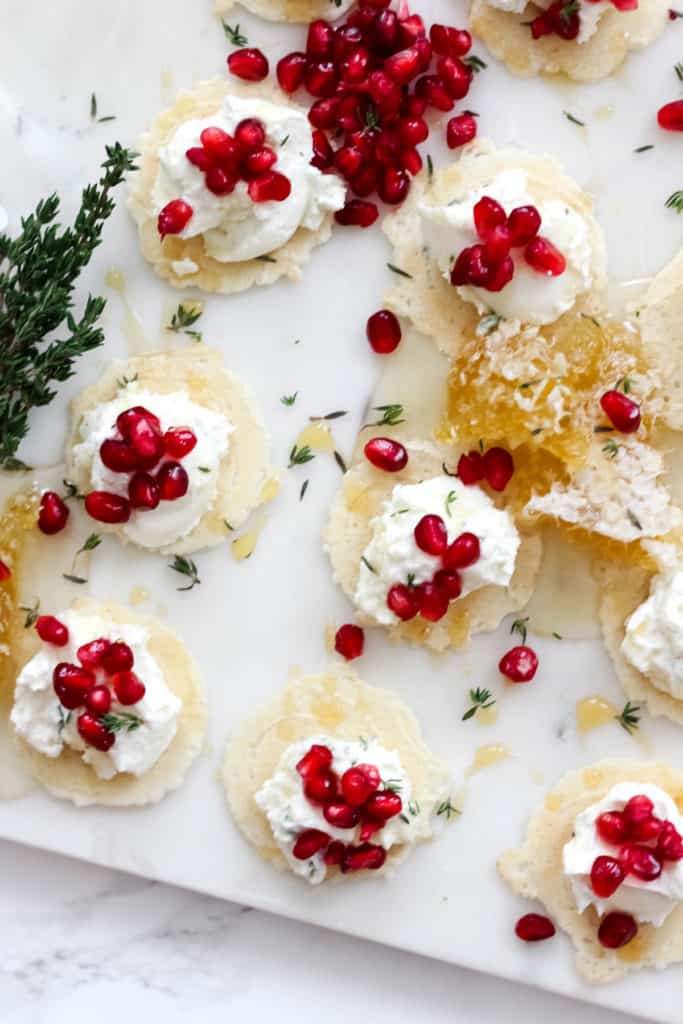 Honey Thyme Whipped Goat Cheese Bites with Pomegranate