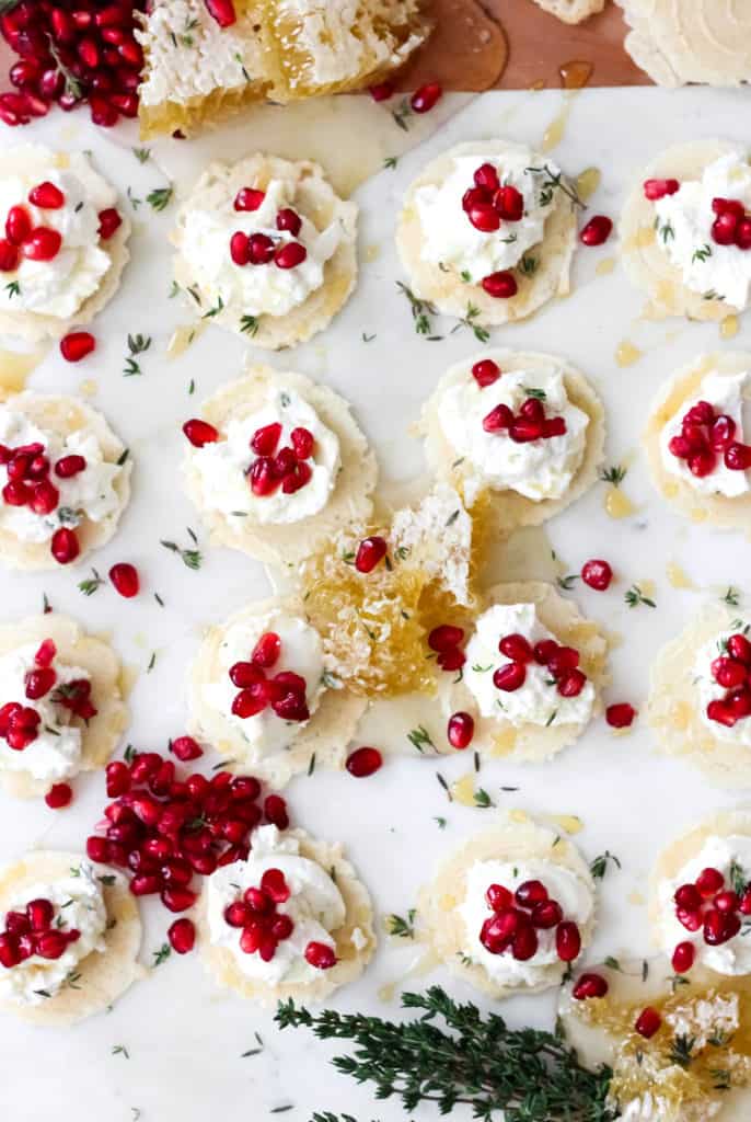 Honey Thyme Whipped Goat Cheese Bites with Pomegranate