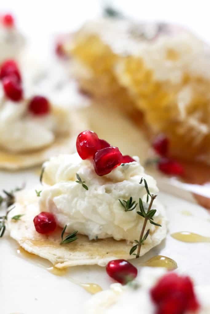 Honey Thyme Whipped Goat Cheese Bites with Pomegranate