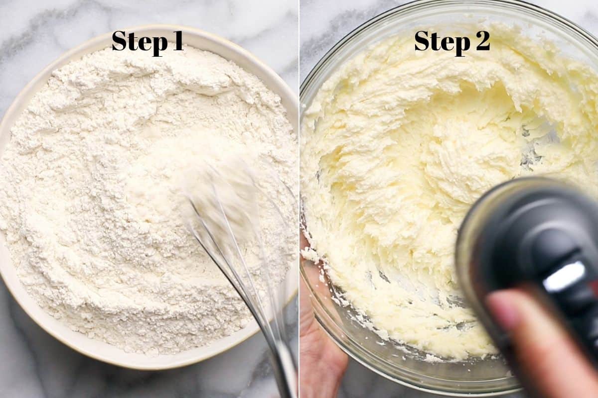 flour with a whisk in a bowl and creamed butter and sugar in a mixing bowl.