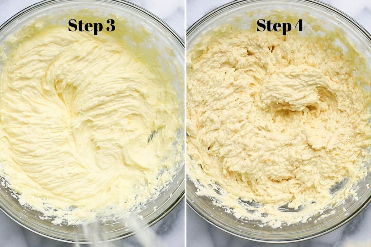 Creamed butter with sugar and eggs in a mixing bowl, and creamed butter with orange zest, orange juice, vanilla, and brandy in a mixing bowl.