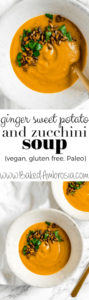 Ginger Sweet Potato and Zucchini Soup with Curried Sunflower Seeds (vegan, gluten free, Paleo)