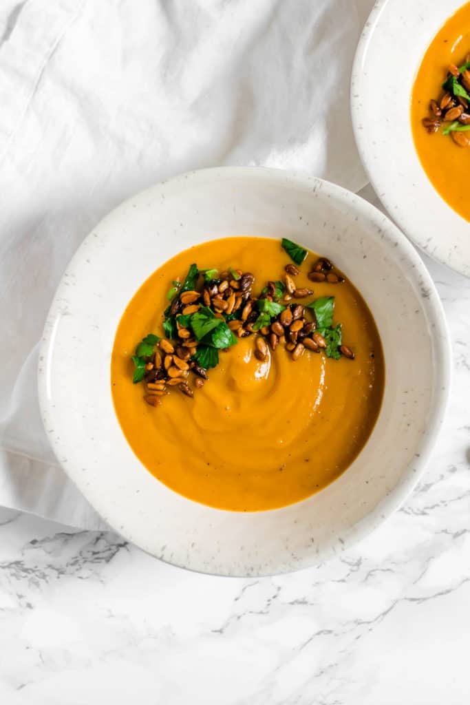 Ginger Sweet Potato and Zucchini Soup with Curried Sunflower Seeds (vegan, gluten free, Paleo)