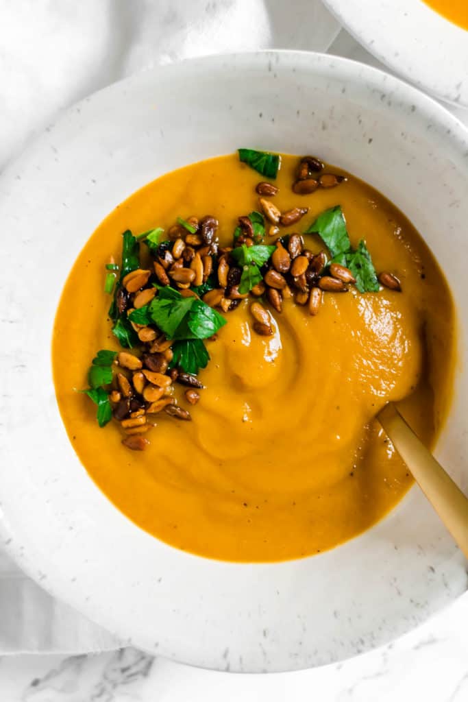 Ginger Sweet Potato and Zucchini Soup with Curried Sunflower Seeds (vegan, gluten free, Paleo)