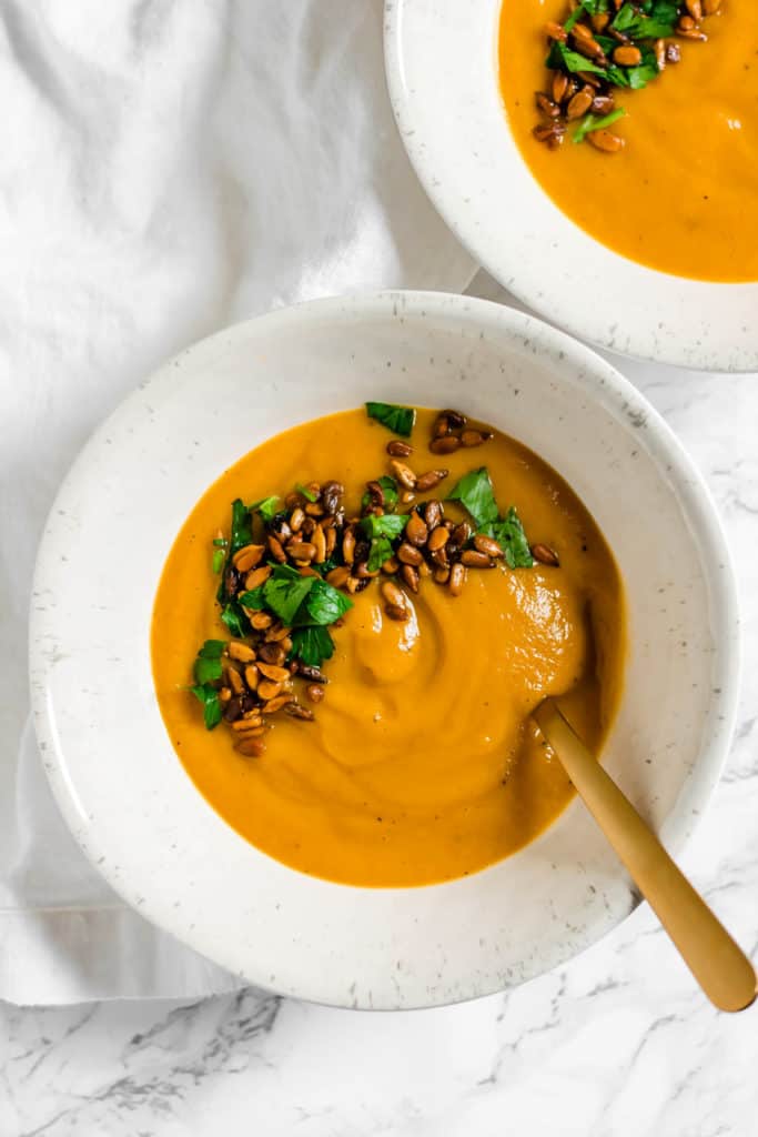 Ginger Sweet Potato and Zucchini Soup with Curried Sunflower Seeds (vegan, gluten free, Paleo)