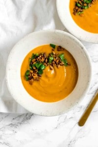 Ginger Sweet Potato and Zucchini Soup with Curried Sunflower Seeds (vegan, gluten free, Paleo)