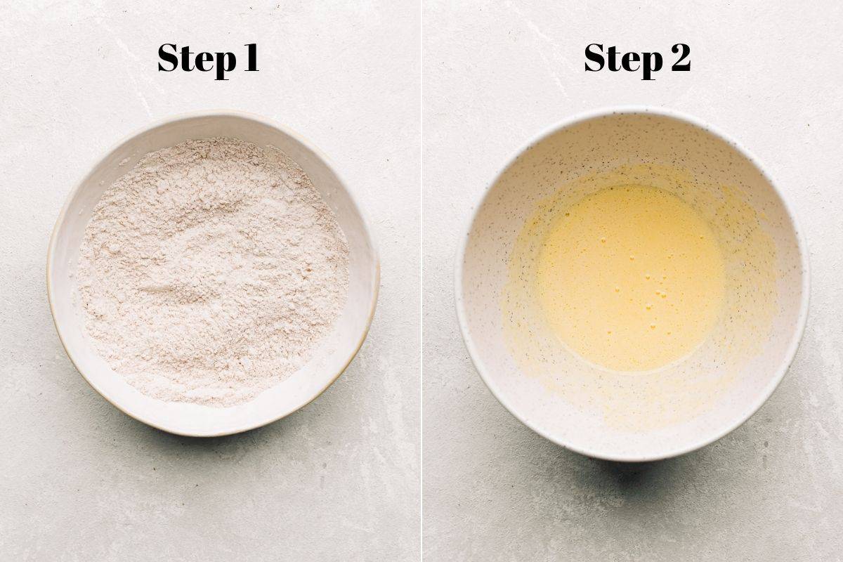 flour mixture in a bowl and whisked egg and sugar in a separate bowl.