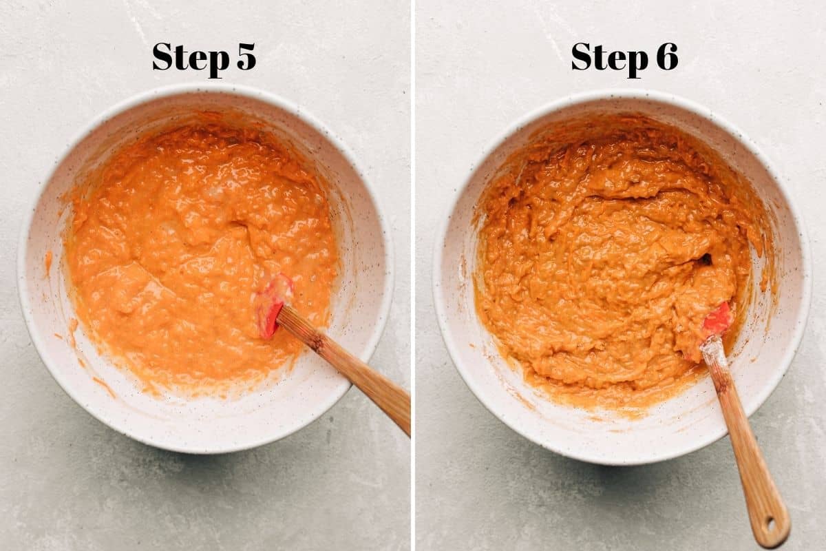 carrot cake batter in mixing bowls.