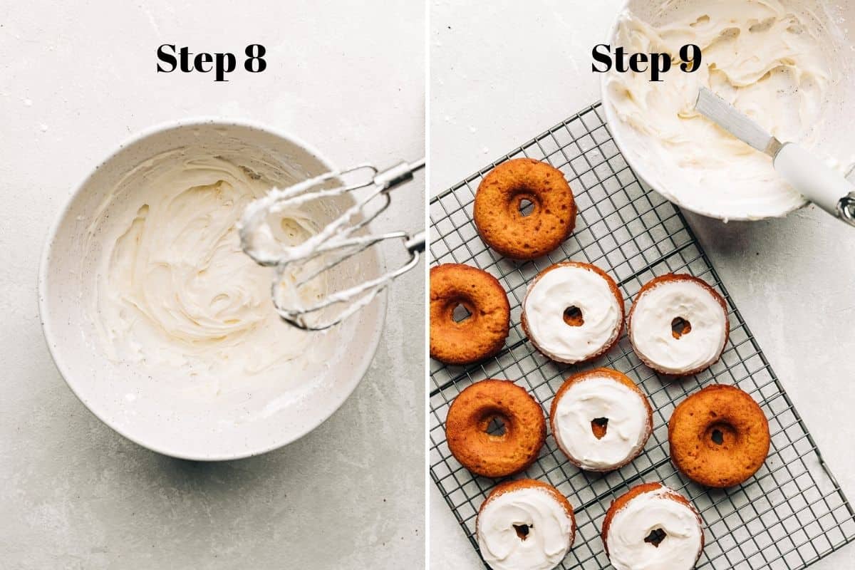 cream cheese frosting in a bowl and carrot cake donuts with cream cheese frosting on a wire rack.