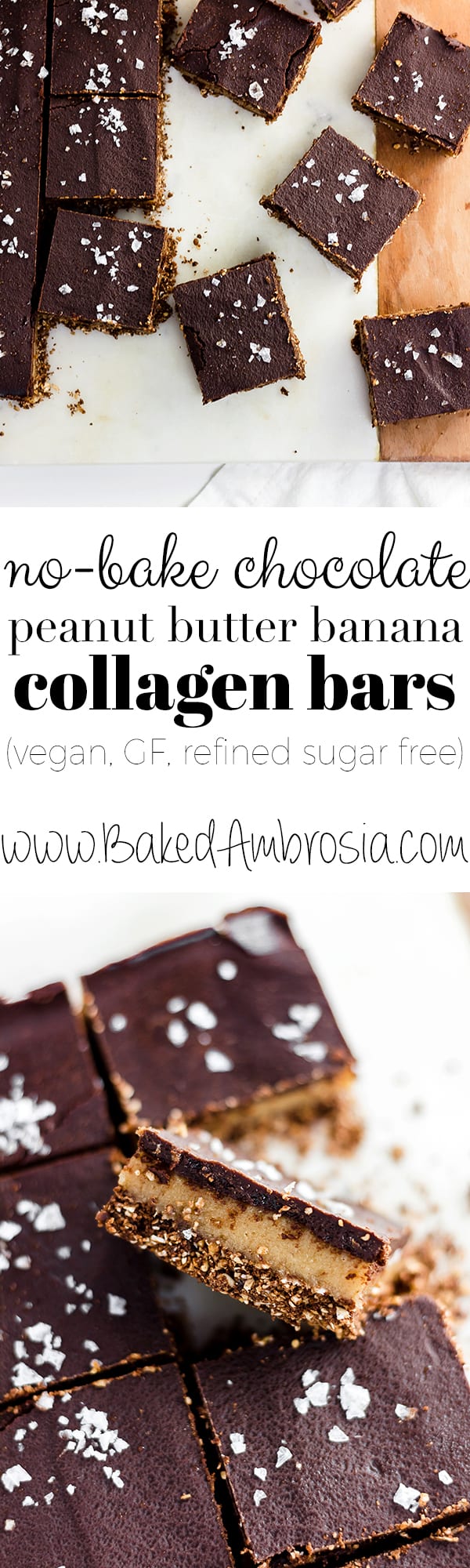 Easy, healthy, no-bake Chocolate Peanut Butter and Banana Collagen Bars are naturally sweetened, gooey and delicious.  The perfect protein-packed snack on the go! (GF, vegan)