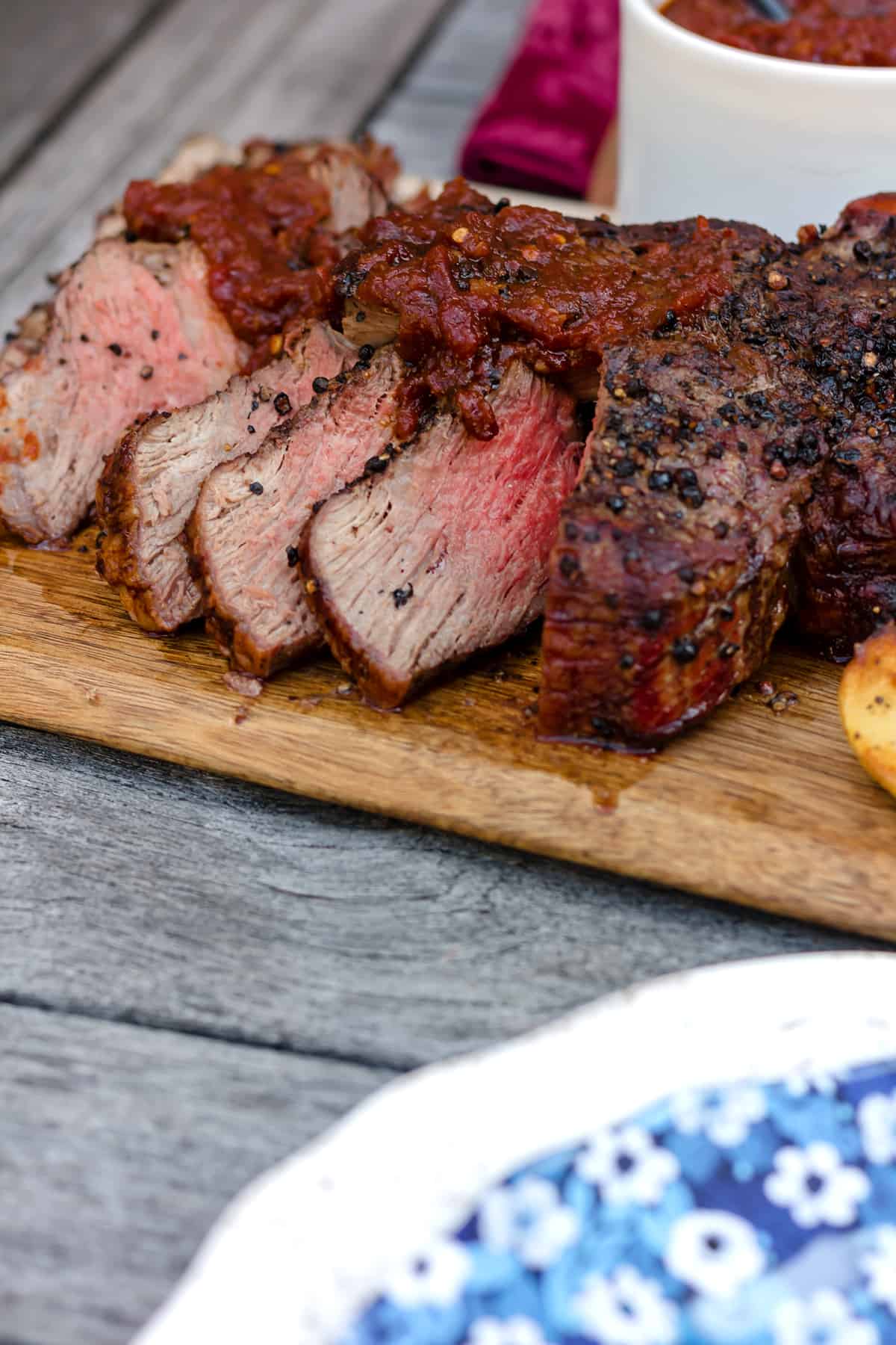 Grilled Black Peppercorn Tomahawk Ribeye with Spicy Barbecue Relish