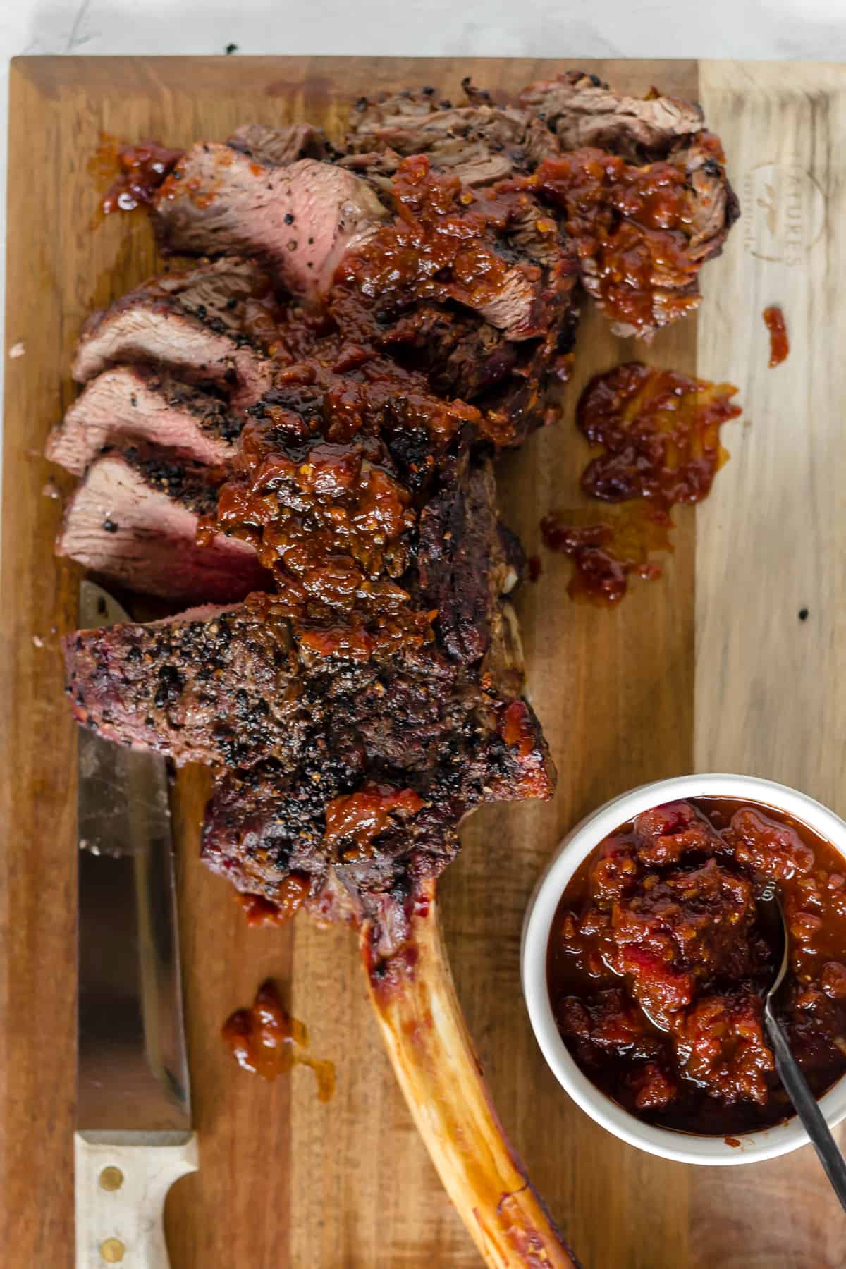 Grilled Black Peppercorn Tomahawk Ribeye with Spicy Barbecue Relish