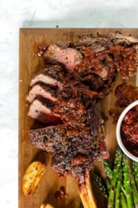 Grilled Black Peppercorn Tomahawk Ribeye with Spicy Barbecue Relish