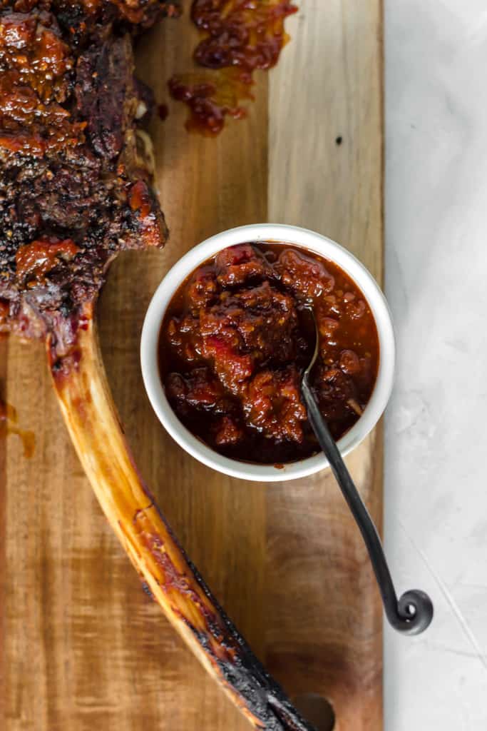 Grilled Black Peppercorn Tomahawk Ribeye with Spicy Barbecue Relish