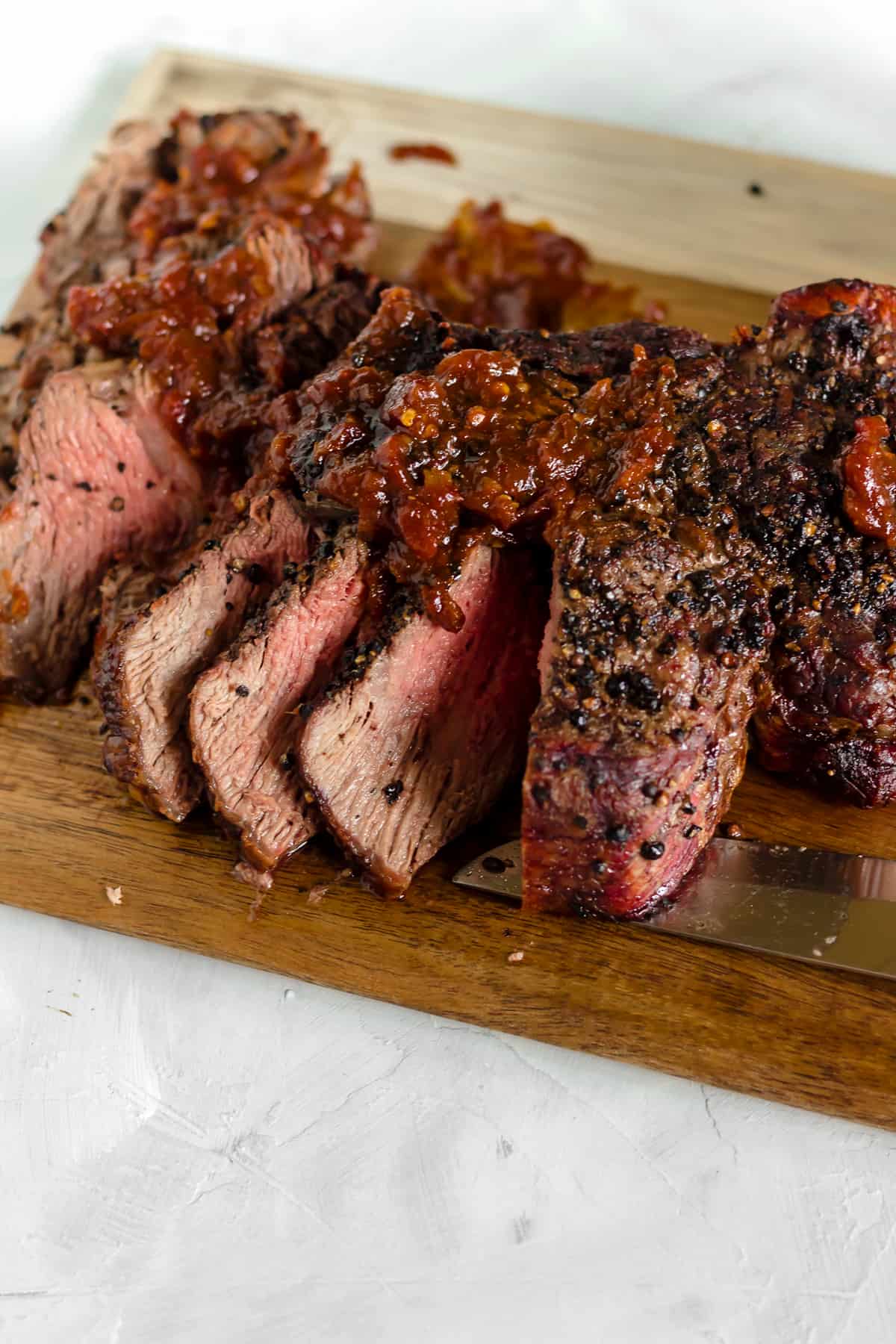 Grilled Black Peppercorn Tomahawk Ribeye with Spicy Barbecue Relish