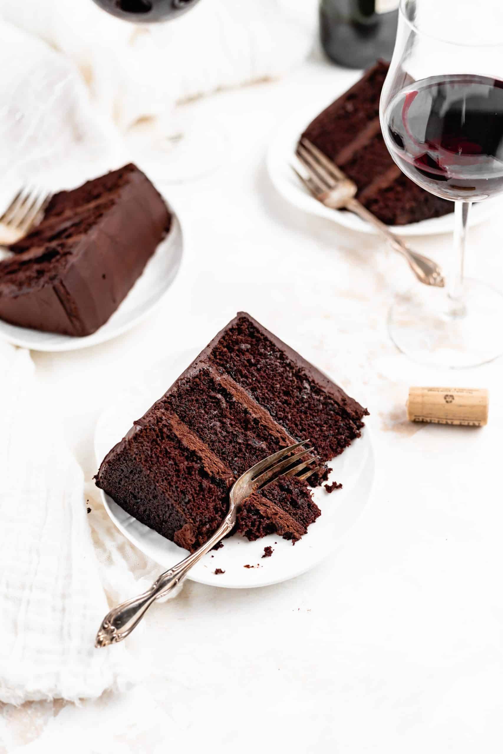 red wine chocolate cake slice on a plate