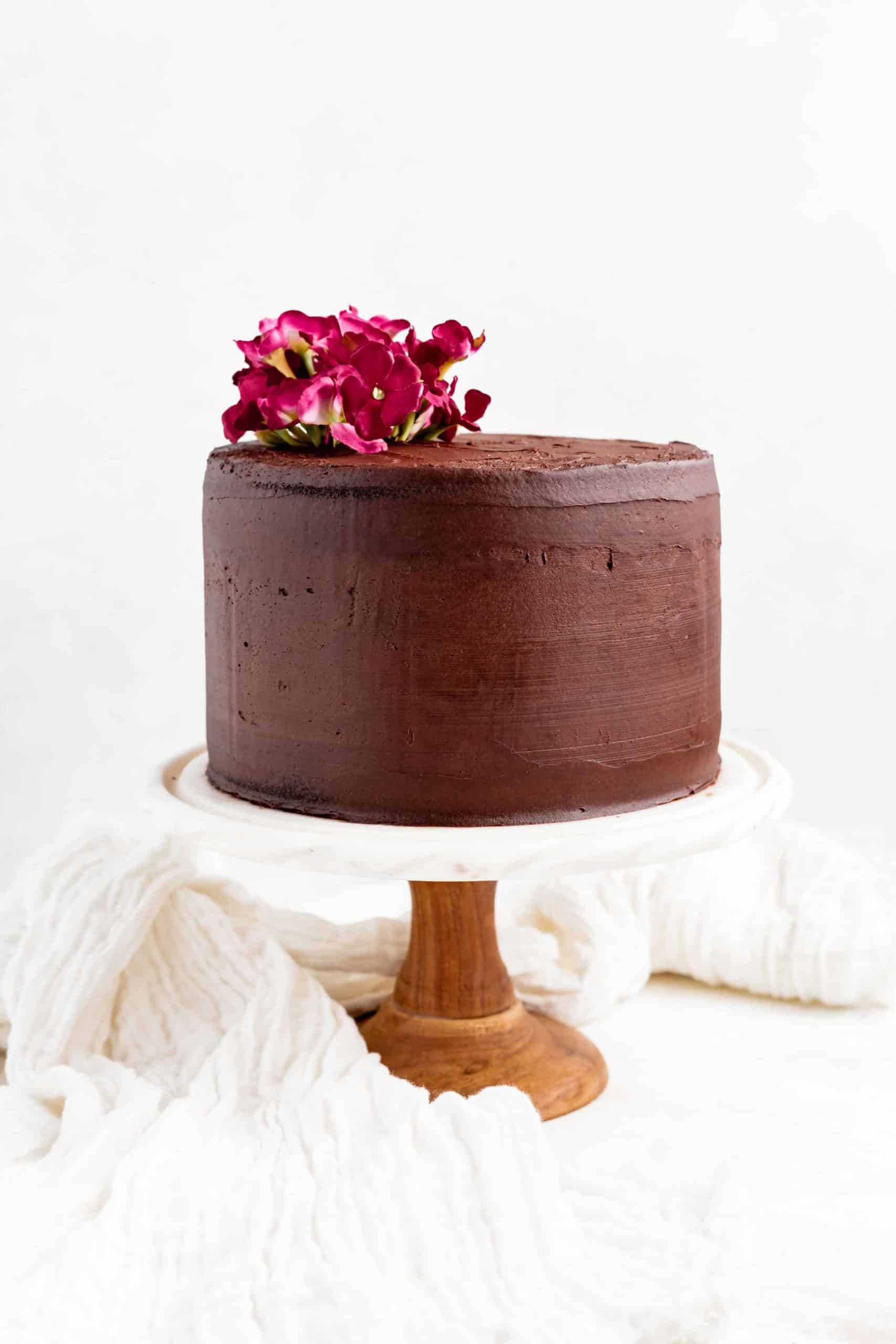 chocolate cake on cake stand
