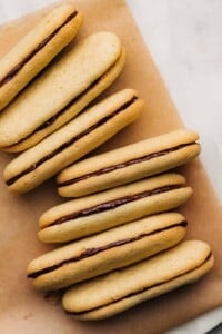 Milano cookies on a piece of brown parchment paper.