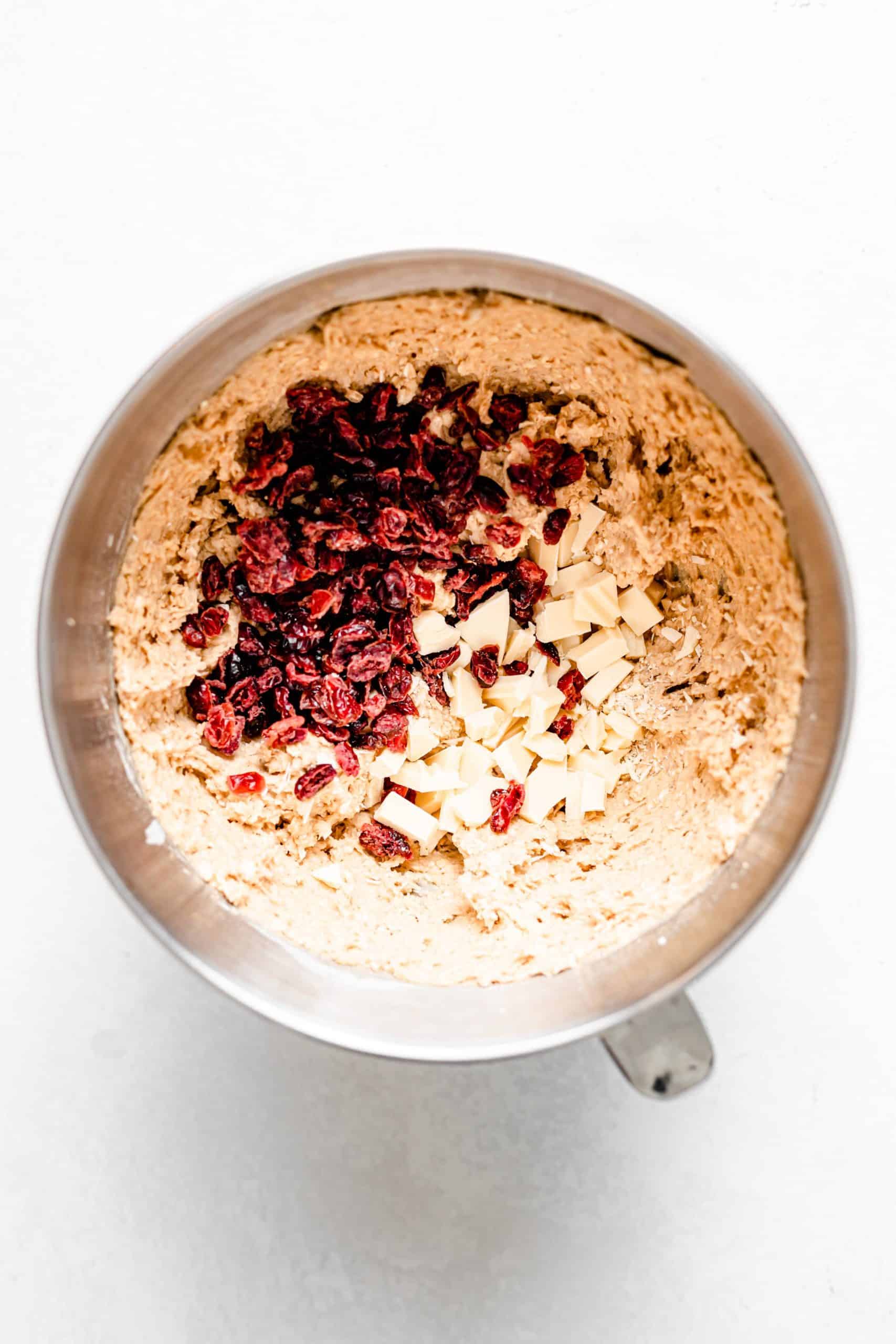 white chocolate cranberry oatmeal cookie dough in bowl