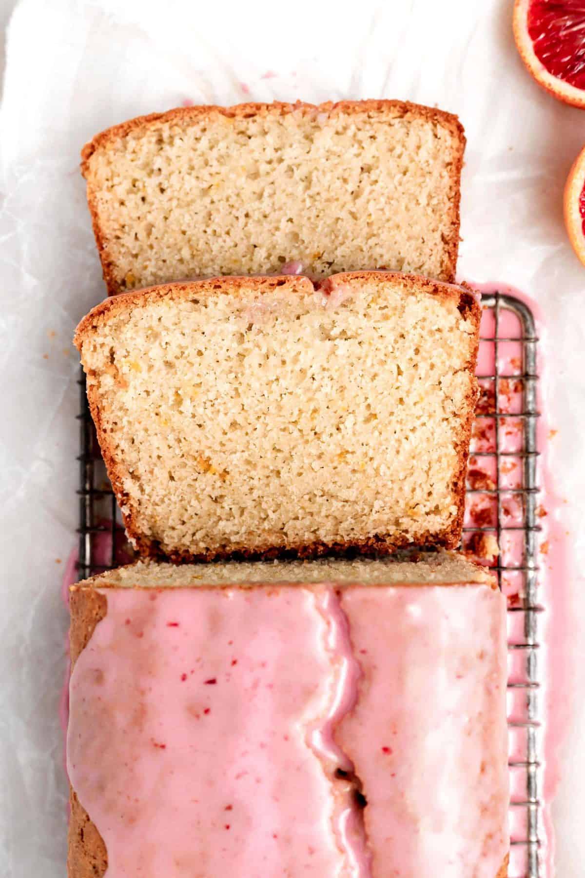 two slices of blood orange loaf cake