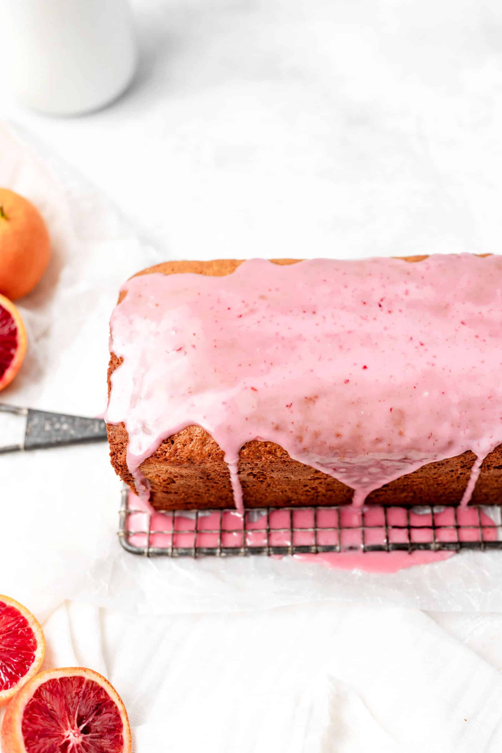 Blood orange loaf cake drizzled with blood orange glaze