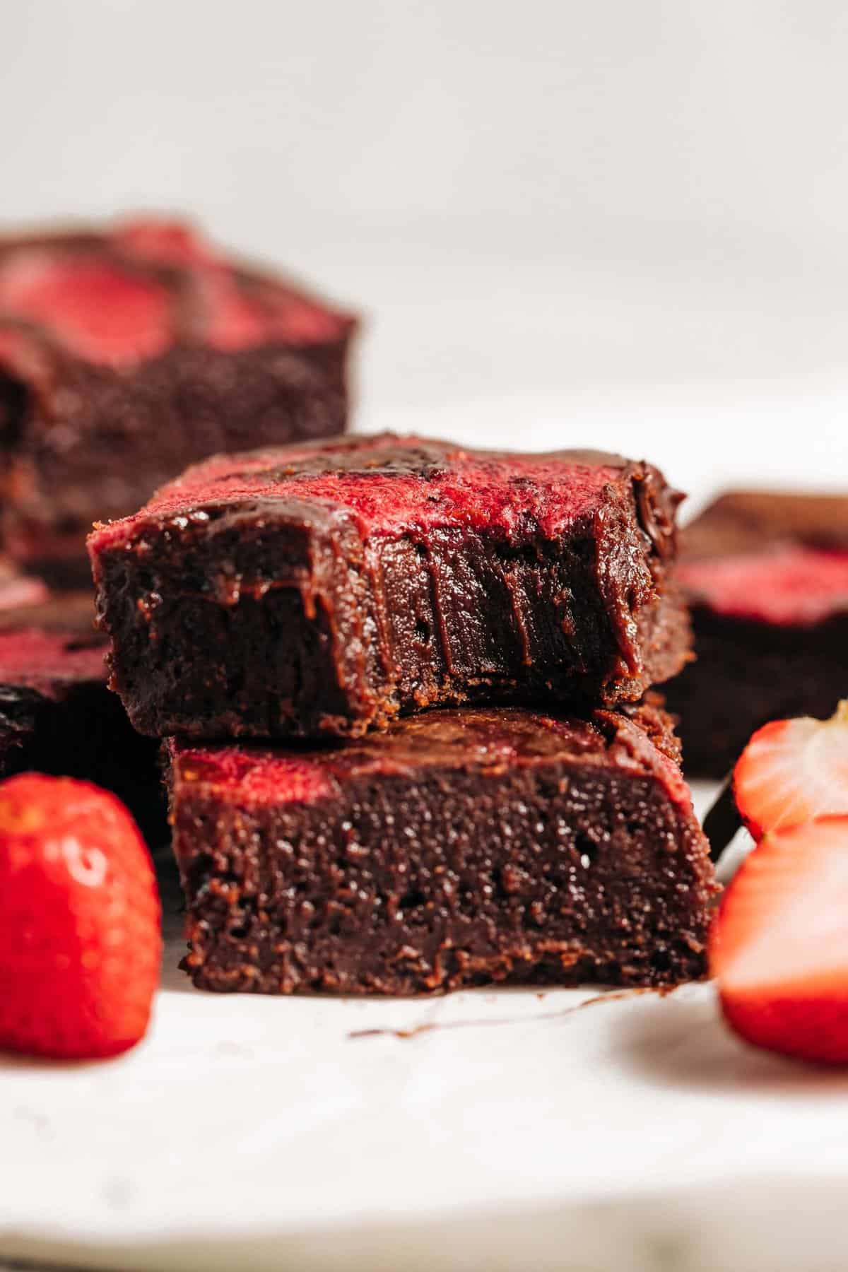 bite shot of fudgy strawberry brownies.