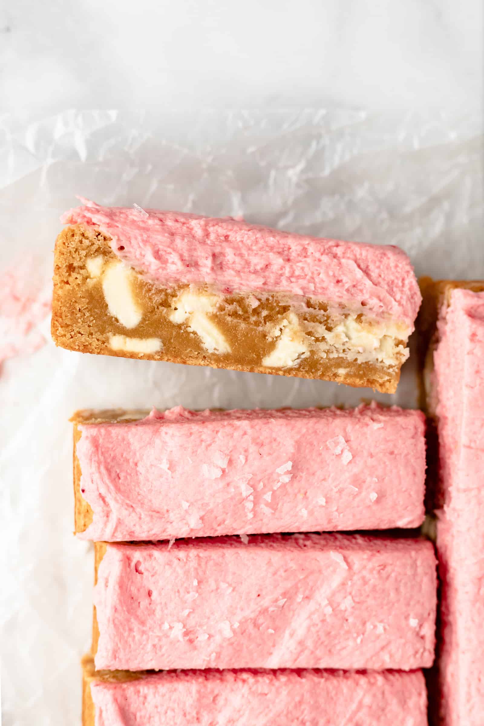 White Chocolate Blondies with Raspberry Champagne Frosting