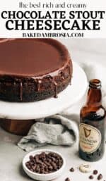 chocolate stout cheesecake on a cake stand.