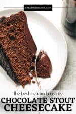 A slice of chocolate cheesecake with ganache on a plate.
