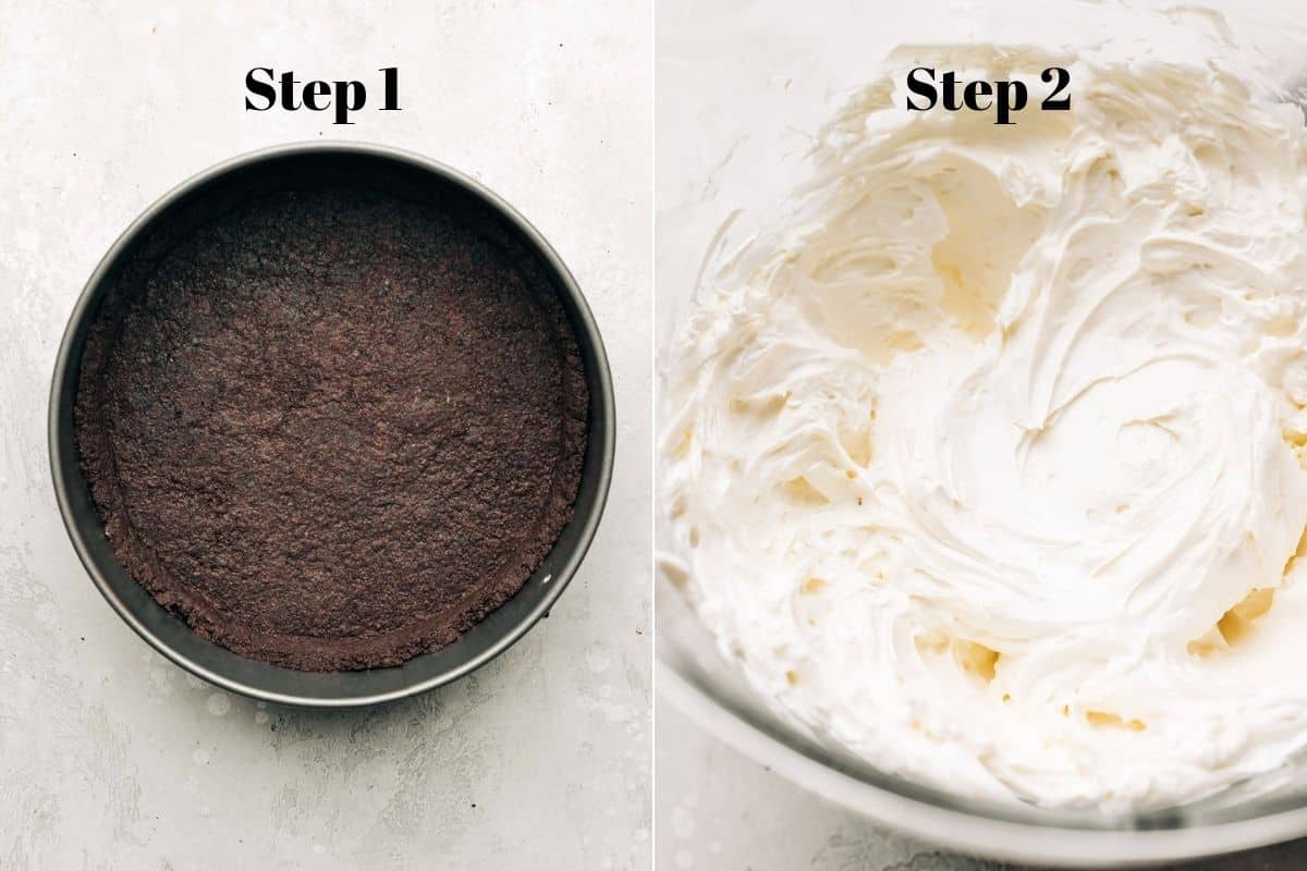 oreo crust in a spring form pan and whipped cream cheese in a mixing bowl.