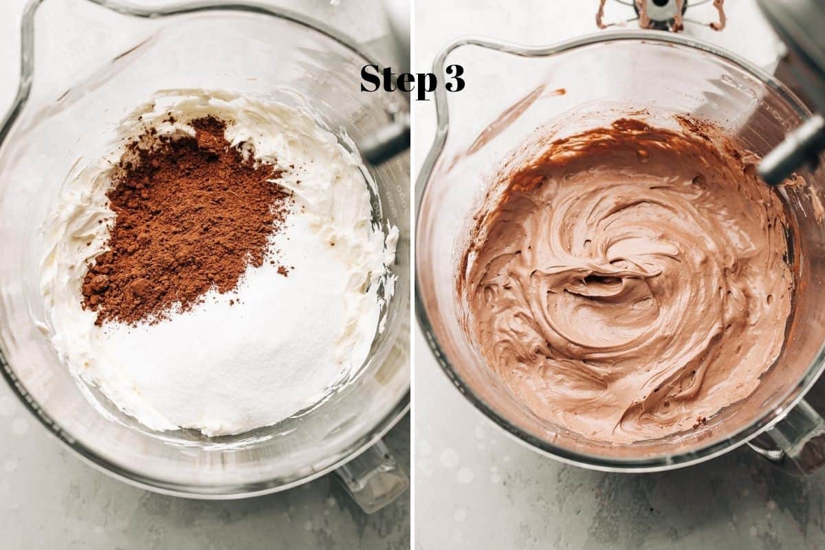 cream cheese, cocoa powder, and sugar in a mixing bowl, and whipped chocolate cream cheese in a bowl.