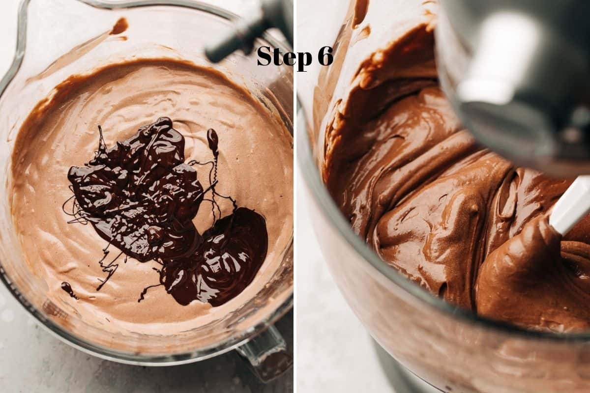 chocolate cheesecake batter with melted chocolate in a mixing bowl.