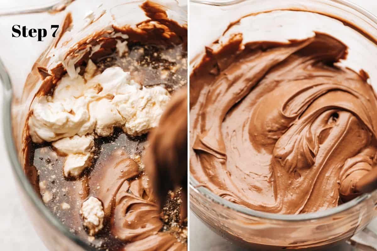 sour cream and stout with chocolate cream cheese batter in a bowl.