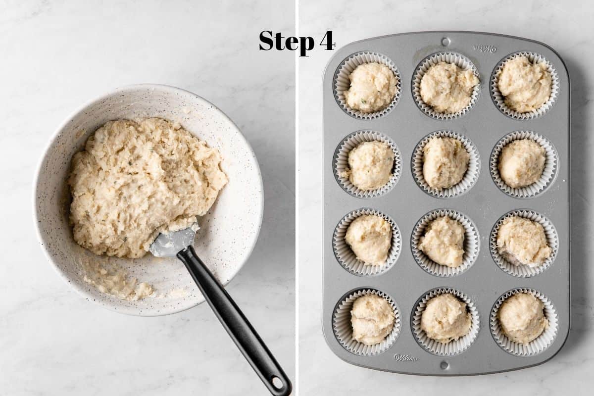 Lemon thyme muffin batter in a bowl with a rubber spatula and lemon thyme muffin batter divided in a muffin pan.