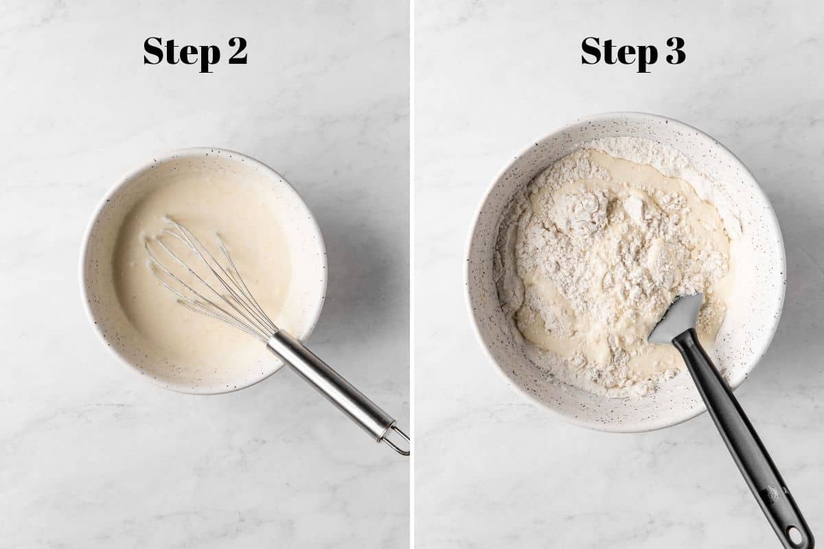 Buttermilk, eggs, sour cream, vanilla extract, and almond extract in a mixing bowl with a whisk and wet mixture with flour in a mixing bowl.