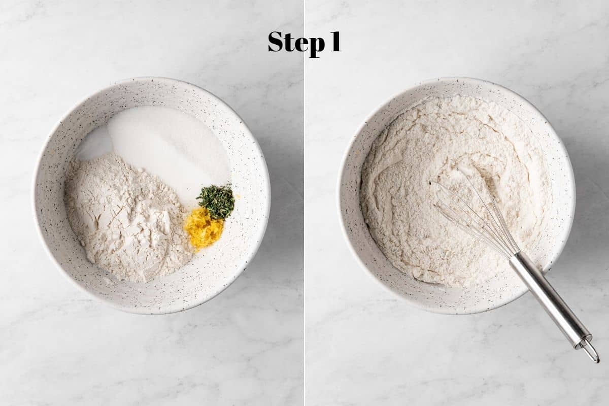 Flour, baking soda, salt, lemon zest, and thyme in a mixing bowl.