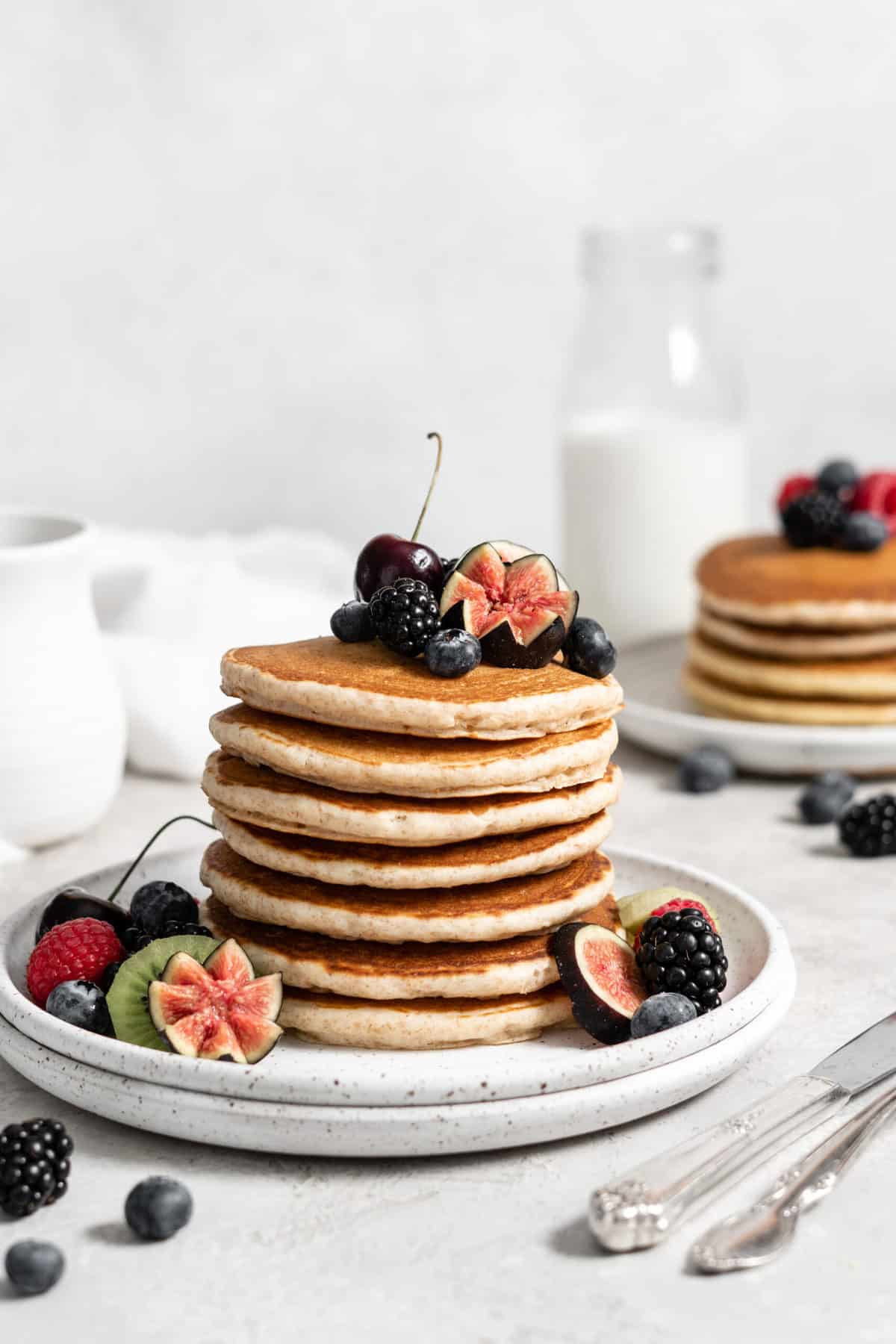 Protein pancakes with berries and fruits.