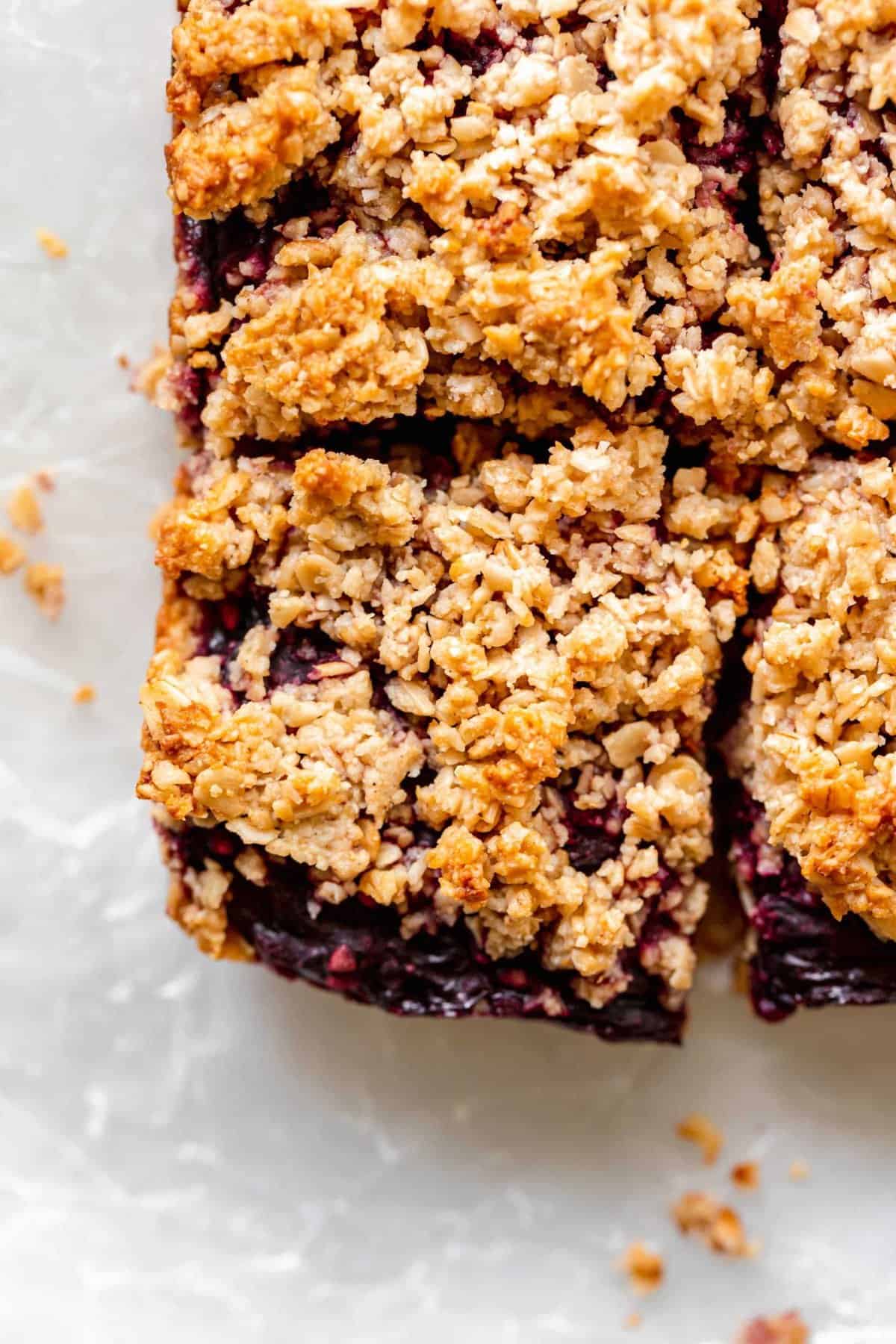 Close up of healthy blackberry crumble bar