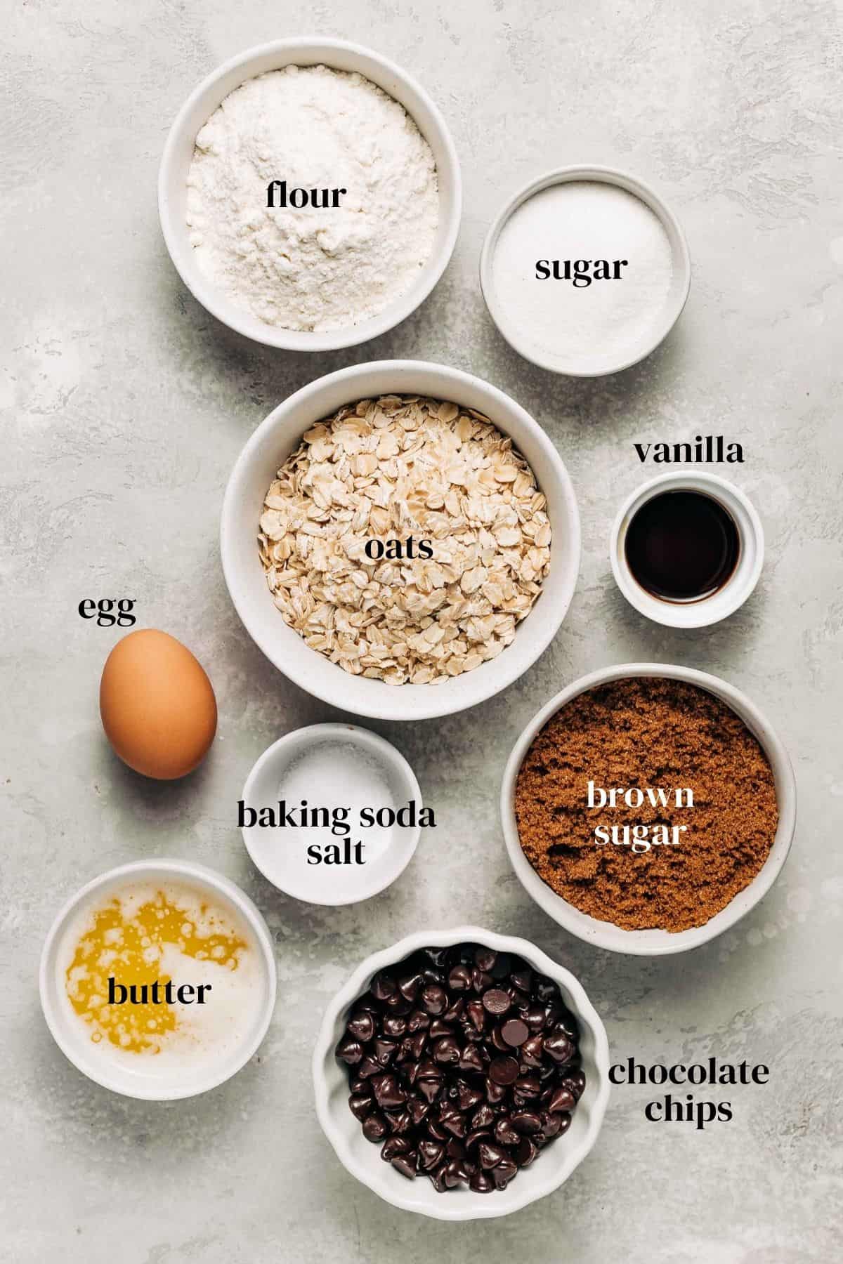 Ingredients needed to make oatmeal chocolate chip cookie bars.